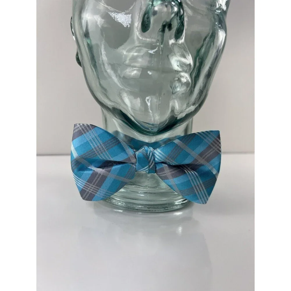 NEW PreTied Grey & Blue Plaid Bow Tie Neck Tie Adjustable Size Ballroom Formal